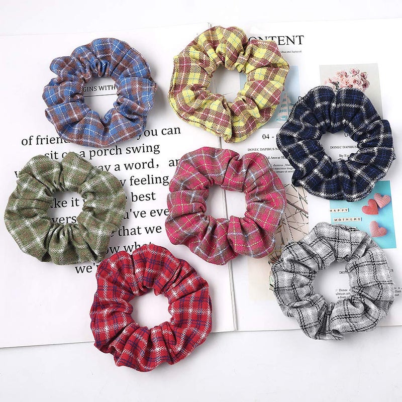 DINPREY Plaid Hair Scrunchies, 7 PCS Mulberry Silk Elastic Hair Ties, Large Hair Ties, Strong Elastic Hair Bobbles for Ponytail Holder - Image 2